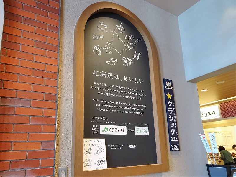 北海道のイラストが描かれた黒板が壁に貼られている