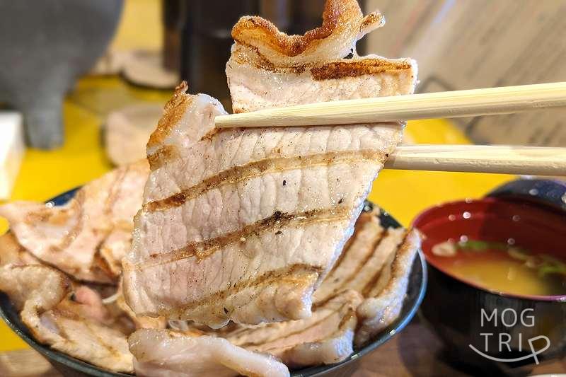 「豚丼ポルコ札幌北13条店」の豚丼札幌函館塩味を箸で持ち上げている様子