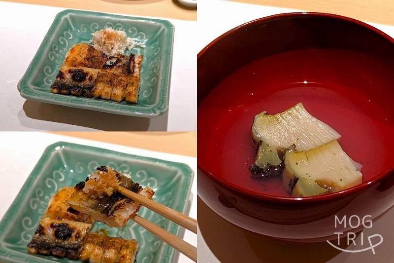 札幌すすきのにある「まる鮨」の穴子のキジ焼きとアワビの椀物