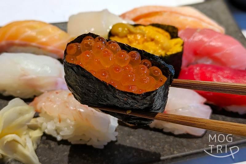 札幌すすきのにある「すしうおいち」握り寿司を箸で持ち上げている様子